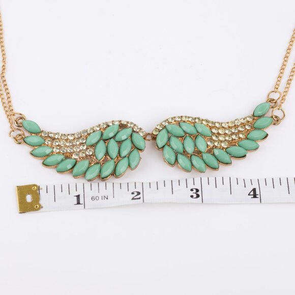 Angel Wing Statement Necklace Turquoise & Crystal Rhinestones on Gold Chain NWOT - Picture 7 of 10